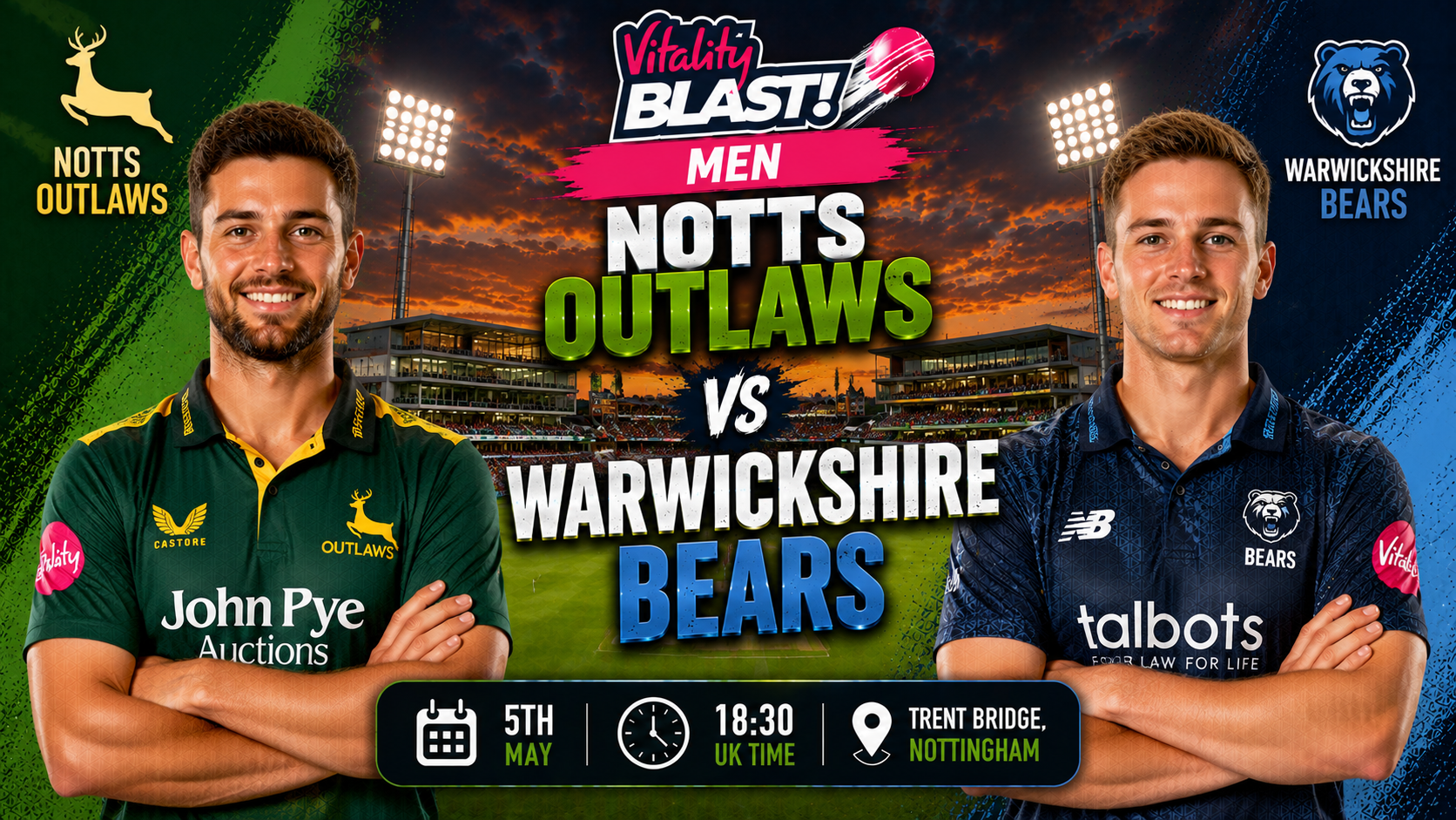 Read more about the article Notts Outlaws v Warwickshire Bears – 5 June – Preview & Prediction