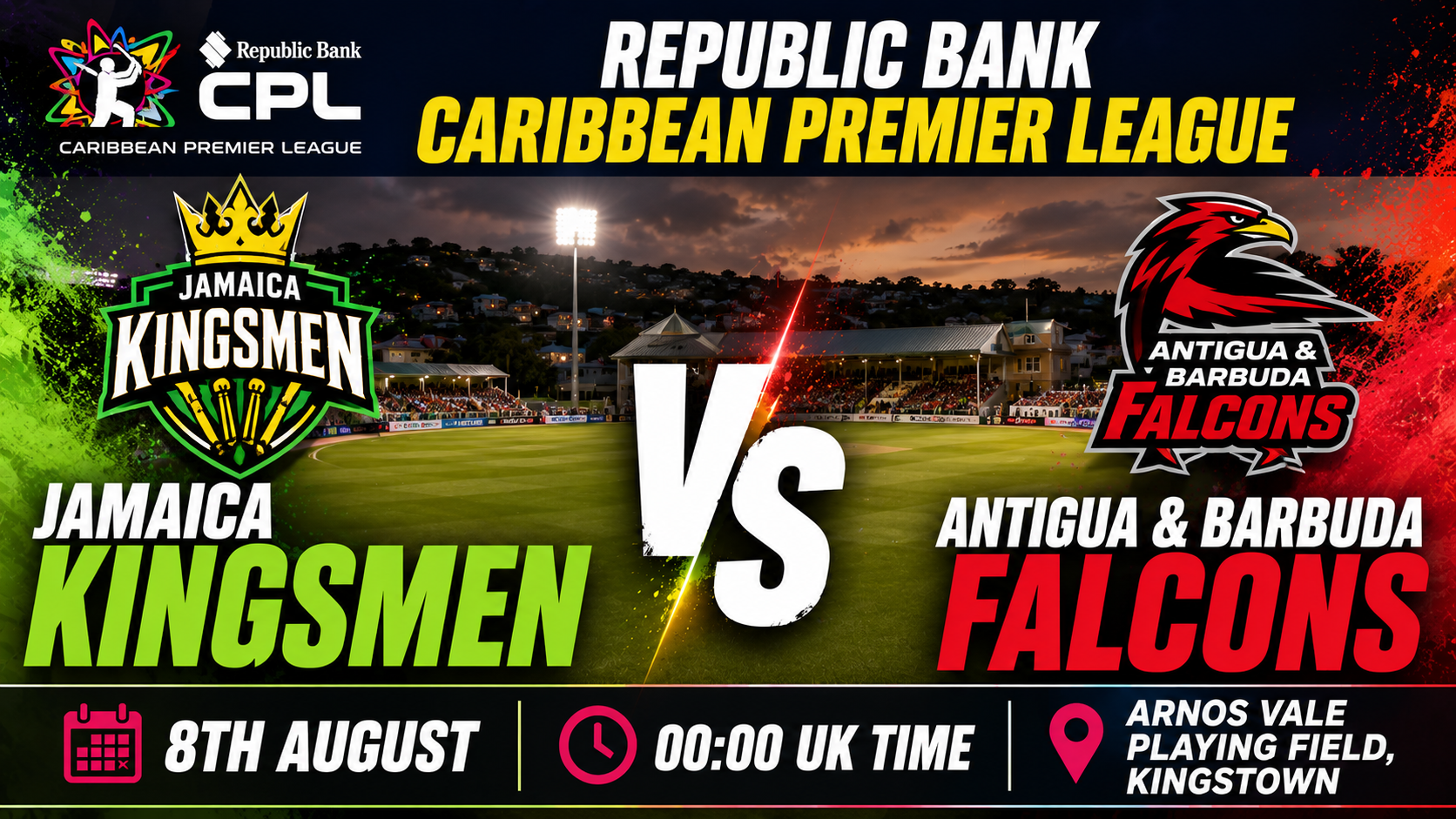 Read more about the article Jamaica Kingsmen v Antigua & Barbuda Falcons – 8 August – Preview & Prediction