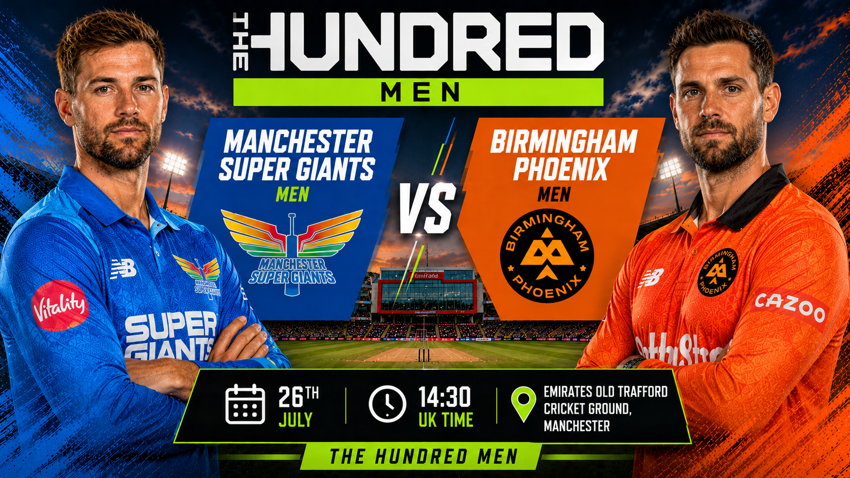 Read more about the article Manchester Super Giants Men v Birmingham Phoenix Men – 26 July – Preview & Prediction