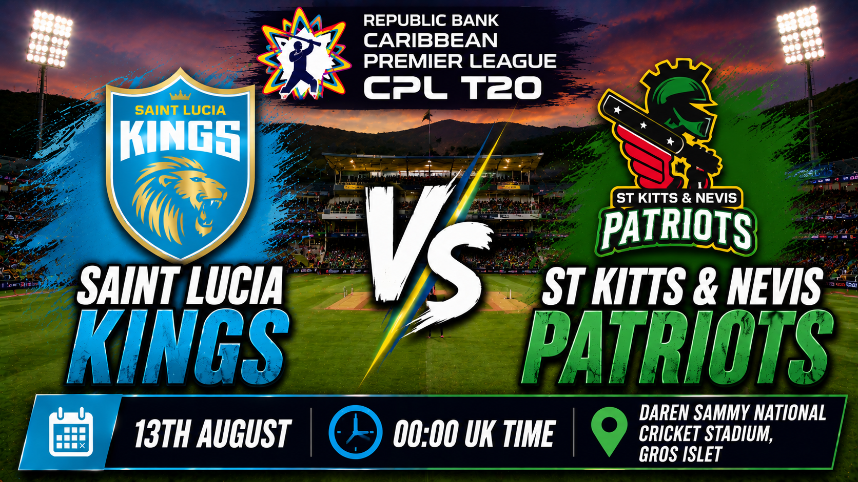 Read more about the article Saint Lucia Kings v St Kitts & Nevis Patriots – 13 August – Preview & Prediction