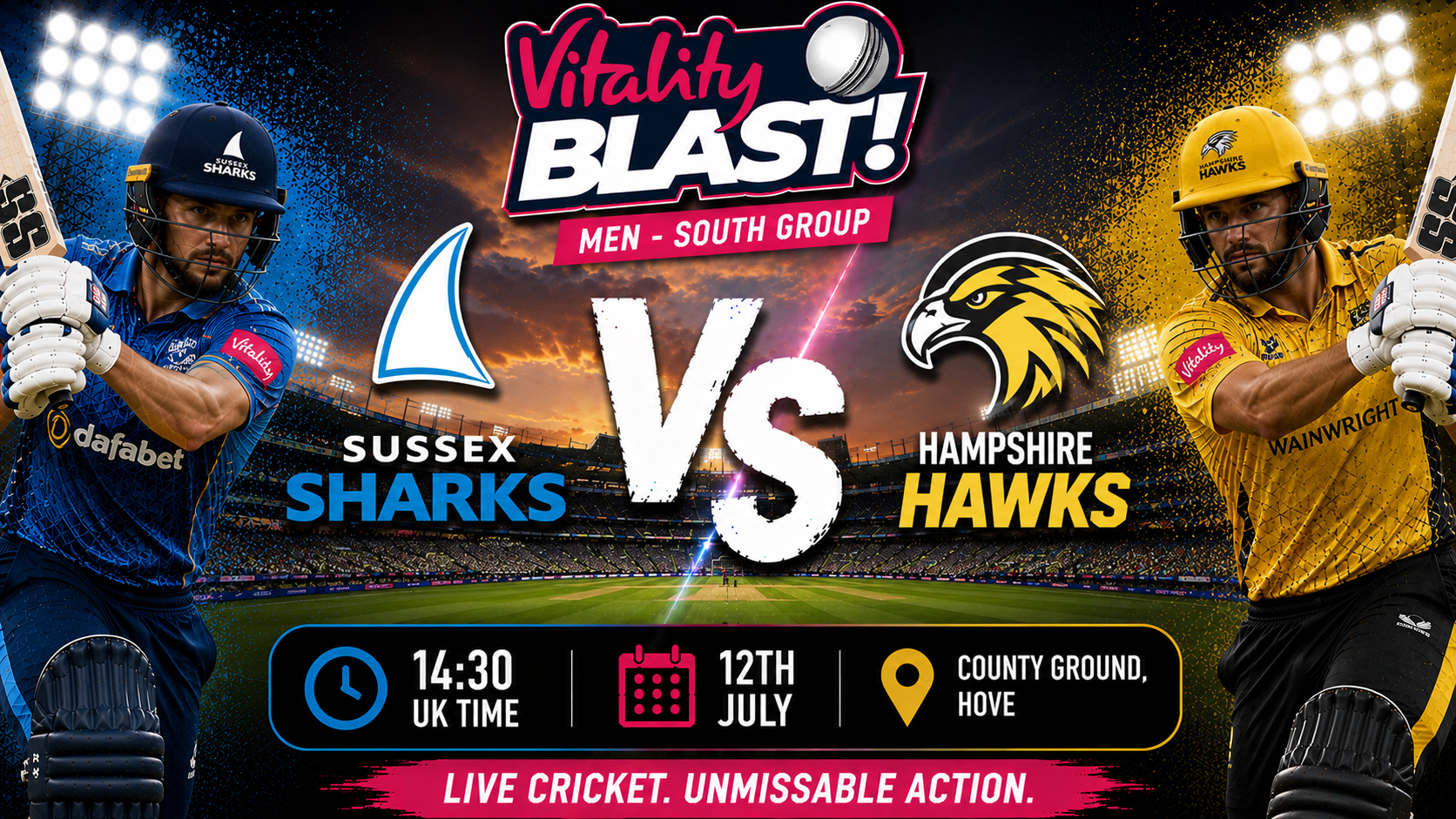 Read more about the article Sussex Sharks v Hampshire Hawks – 12 July – Preview & Prediction