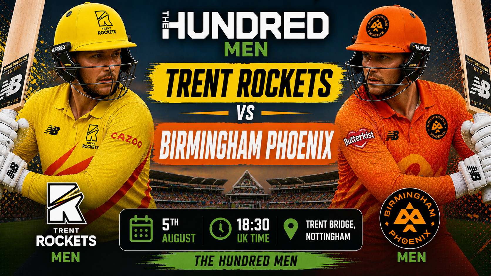 Read more about the article Trent Rockets Men v Birmingham Phoenix Men – 5 August – Preview & Prediction