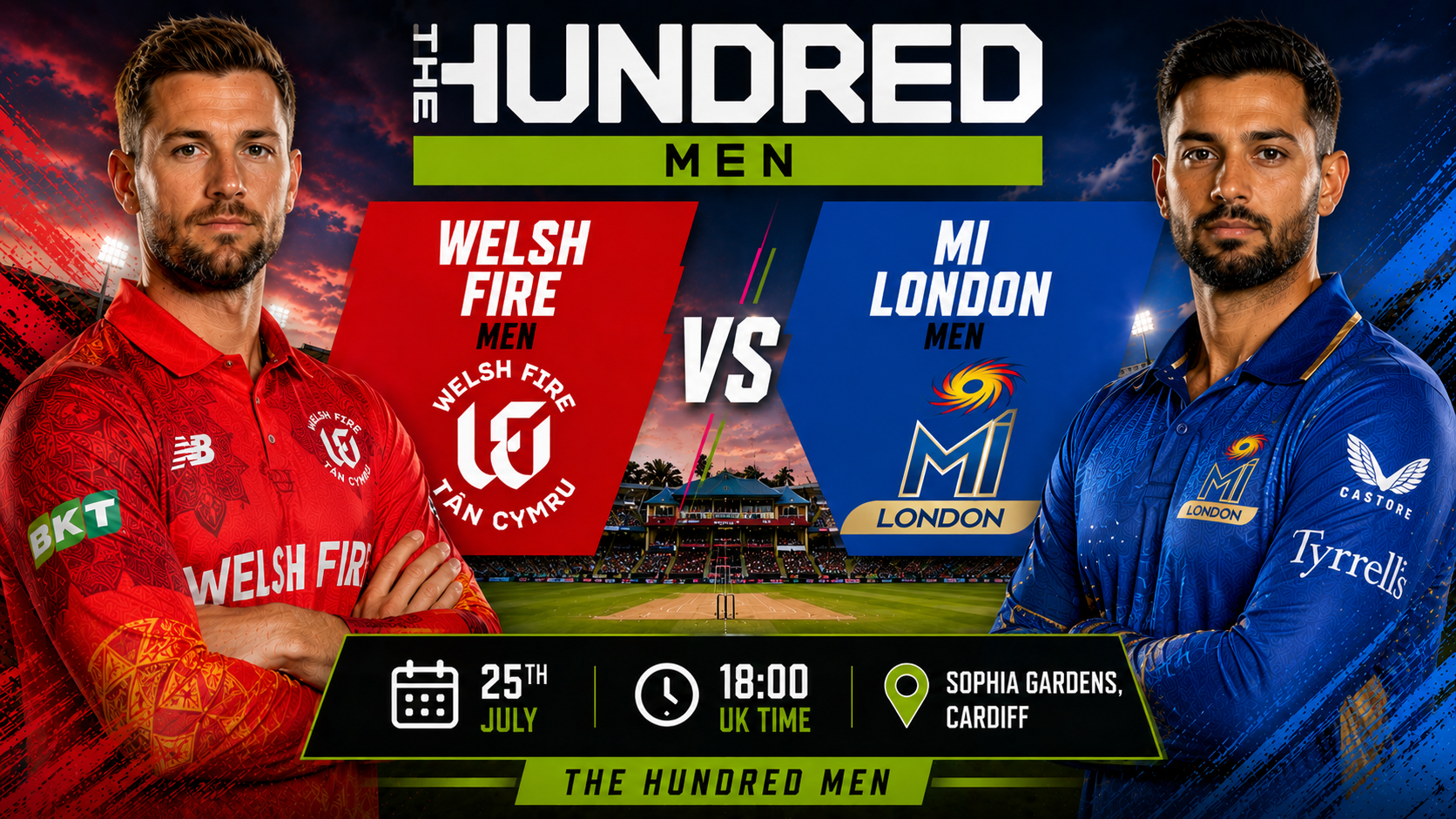 Read more about the article Welsh Fire Men v MI London Men – 25 July – Preview & Prediction