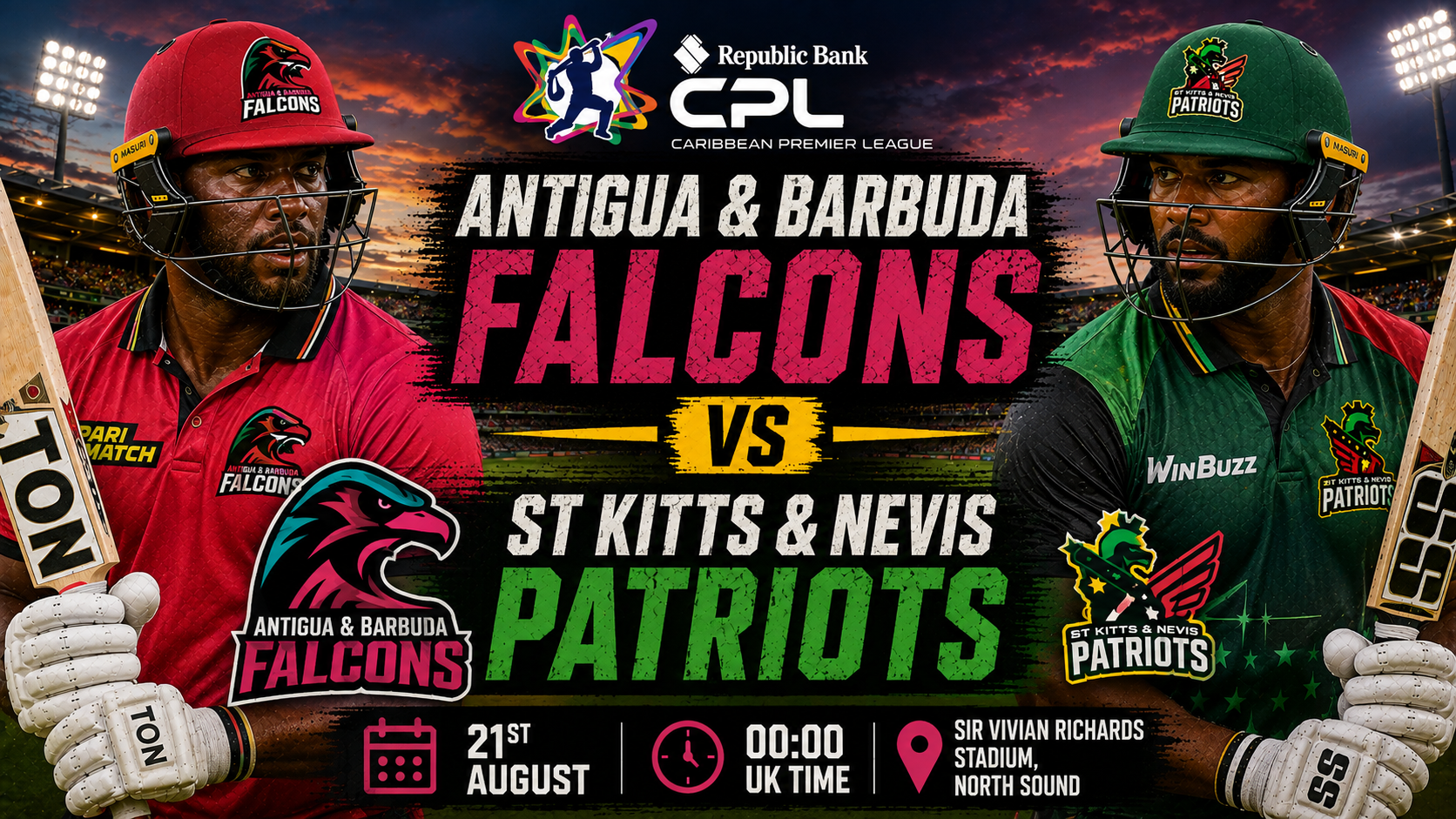 Read more about the article Antigua & Barbuda Falcons v St Kitts & Nevis Patriots – 21 August – Preview & Prediction
