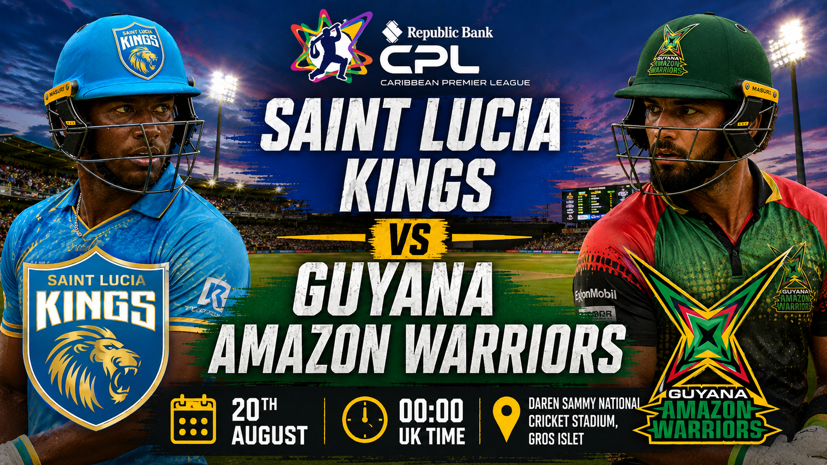 Read more about the article Saint Lucia Kings v Guyana Amazon Warriors – 20 August – Preview & Prediction